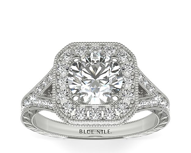 This 14k white gold vintage-inspired ring features a squared halo of pavé diamonds surrounding your center diamond, as well as trails of diamonds down each side of the shank. Decorative hand-engraved details add the perfect finishing touch.