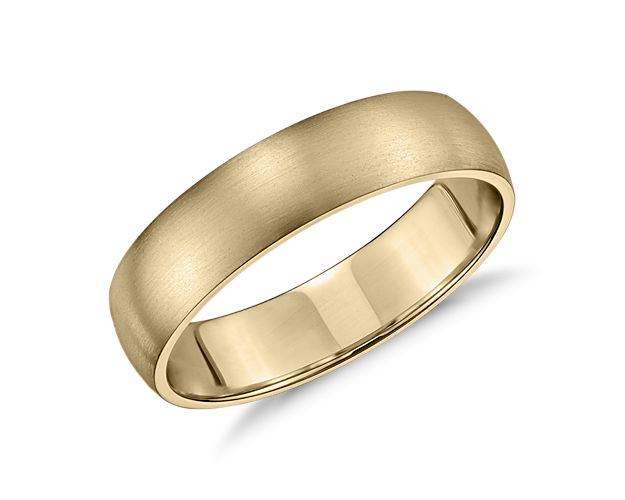 Simply classic, this 14k yellow gold wedding band features a low profile silhouette, modern brushed finish and a lighter overall weight for comfortable everyday wear.