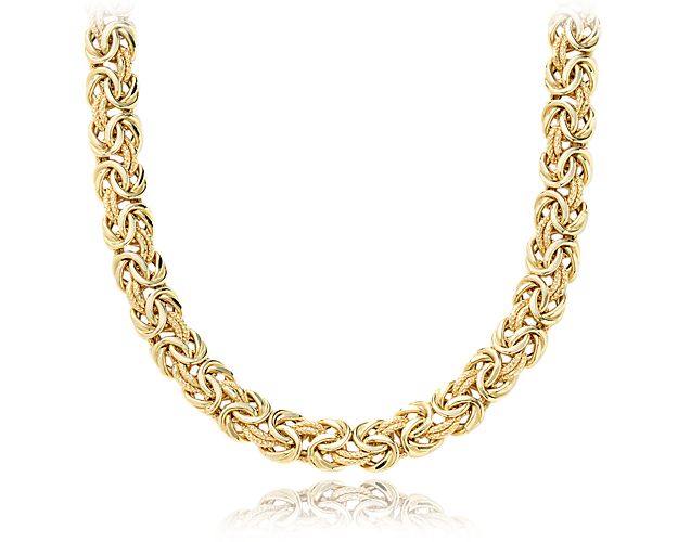 Voluminous yet lightweight, our classic 18" Byzantine necklace is crafted in gleaming 18k Italian yellow gold. Alternating textured and polished, hollow links lie flat and form a distinctive, historically-inspired pattern.