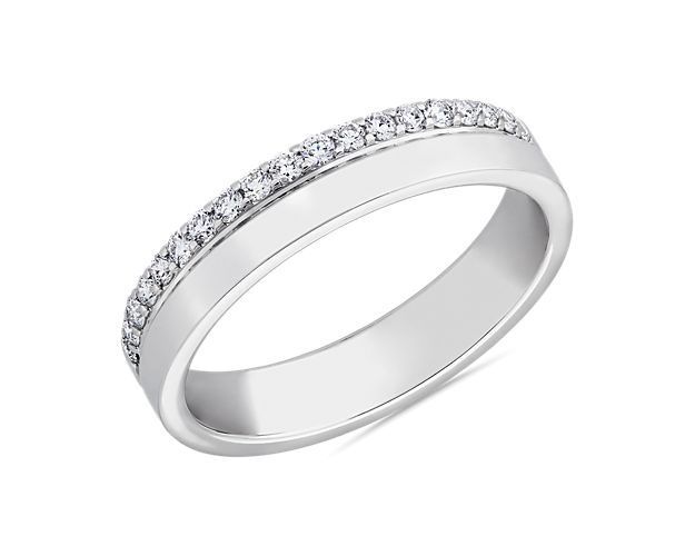 The modern embodiment of feminine and masculine style, this 14k white gold ring features a string of diamonds balanced by a parallel band of polished metal that looks good all on its own or in your go-to stack.