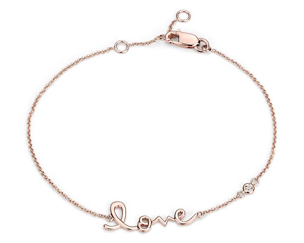 Let your love shine bright with this delicate script bracelet. A great staple for everyday wear with an added touch of elegance, this bracelet features a bezel-set round diamond set in 14k rose gold.